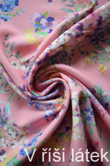 100% Tencel tkanina růžová – dig. potisk květy